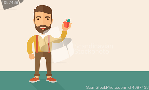 Image of Happy man holding a red apple.