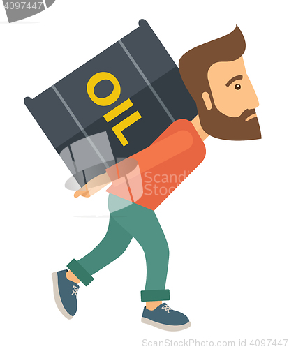 Image of Businessman carrying barrel of oil. 