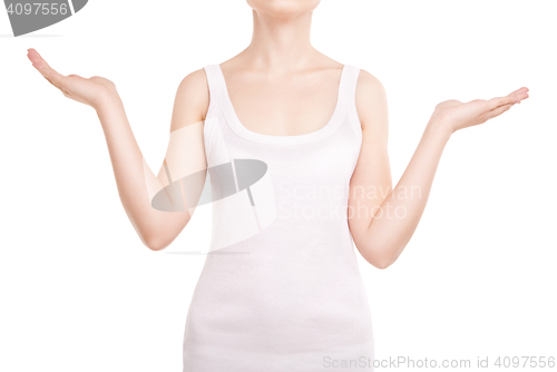 Image of Woman holding something imaginary on white