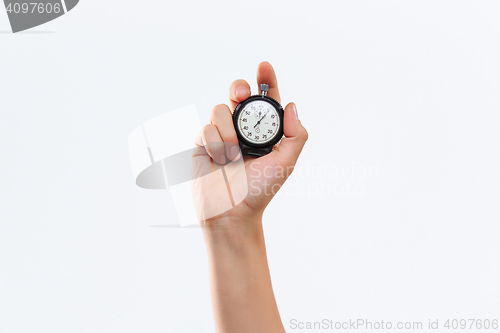 Image of hand holding a stopwatch against a white background