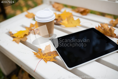 Image of tablet pc and coffee cup on bench in autumn park