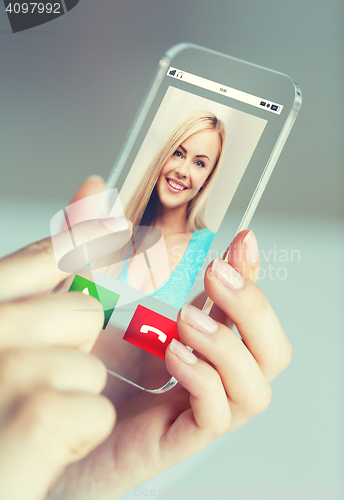 Image of close up of woman with incoming call on smartphone