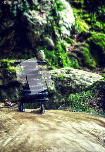 Image of Rock Zen Stack in front of waterfall.