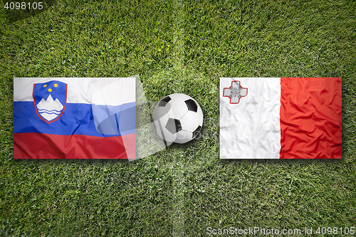 Image of Slovenia vs. Malta flags on soccer field