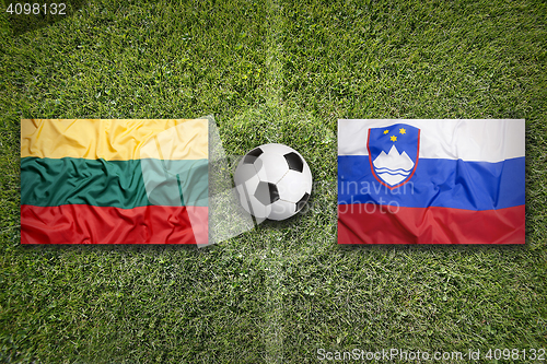 Image of Lithuania vs. Slovenia flags on soccer field