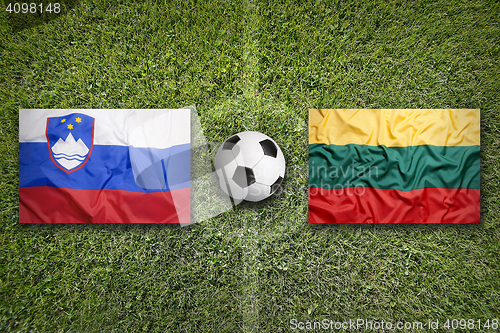 Image of Slovenia vs. Lithuania flags on soccer field