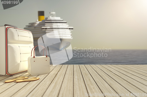 Image of some luggage and a cruise ship in the background