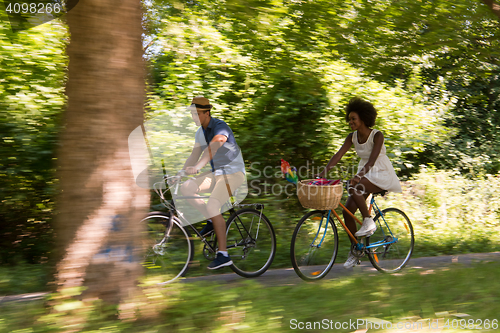 Image of Young multiethnic couple having a bike ride in nature