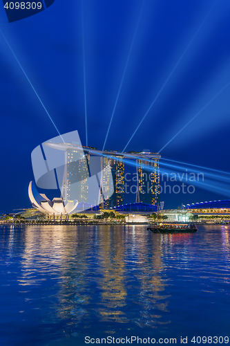 Image of  Marina Bay Sands at night during Light and Water Show \'Wonder F