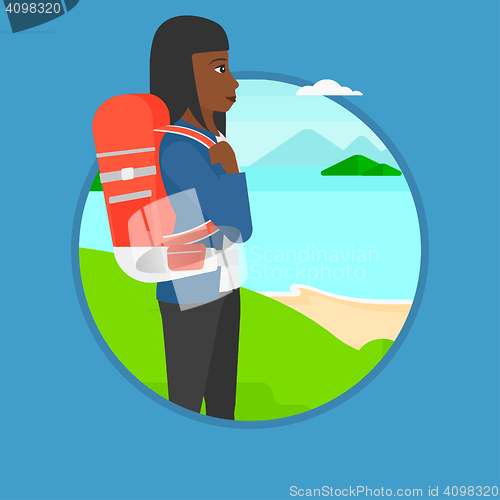 Image of Tourist with backpack hiking vector illustration.