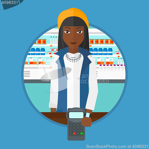 Image of Woman paying wireless with smart watch.