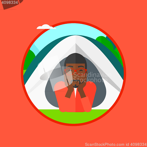 Image of Man lying in camping tent vector illustration.