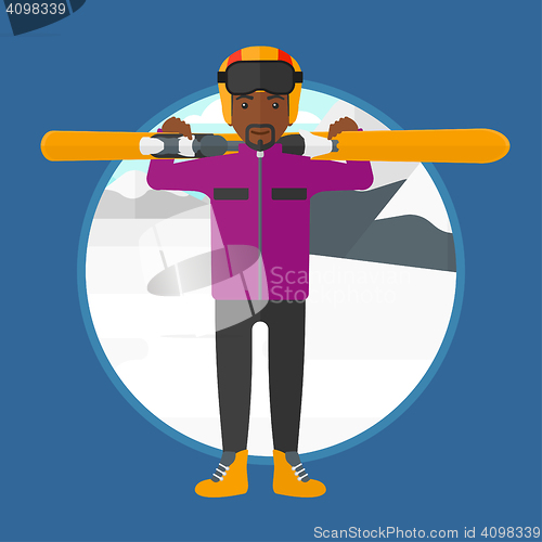 Image of Man holding skis vector illustration.