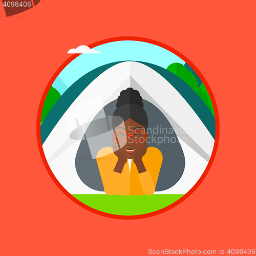 Image of Woman lying in camping tent vector illustration.