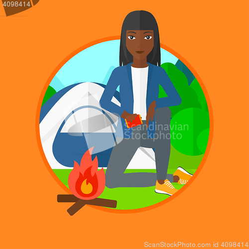 Image of Woman kindling campfire vector illustration.