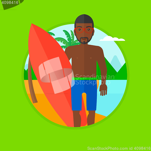 Image of Surfer with surfboard on the beach.