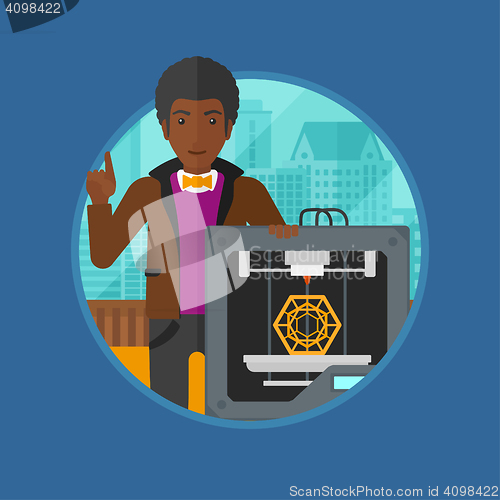 Image of Man with three D printer vector illustration.