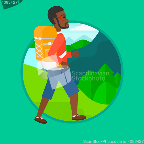 Image of Tourist with backpack hiking vector illustration.