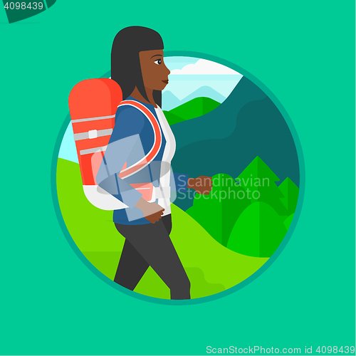 Image of Tourist with backpack hiking vector illustration.