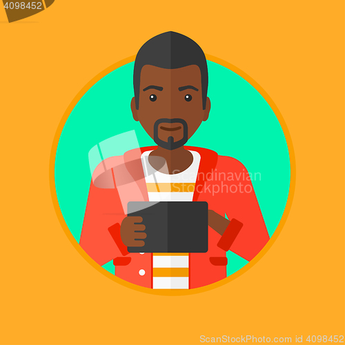 Image of Man using tablet computer vector illustration.