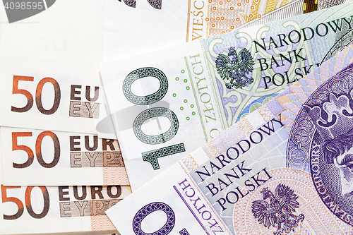 Image of Polish zloty and euro closeup