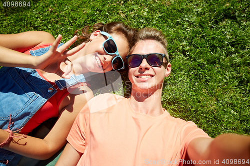 Image of happy teenage couple taking selfie on summer grass