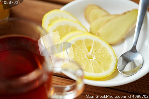 Image of tea cup with lemon and ginger on plate