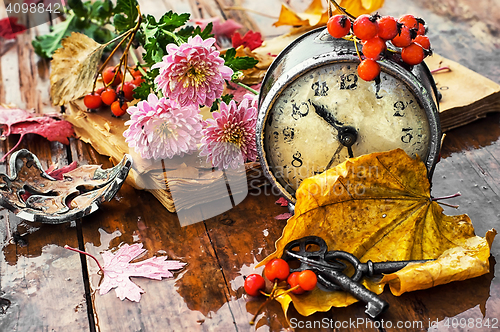 Image of Alarm clock and fallen leaves