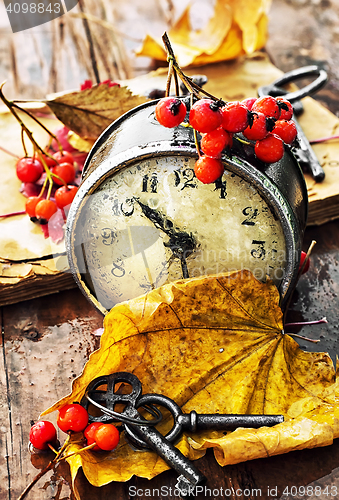 Image of Alarm clock and fallen leaves