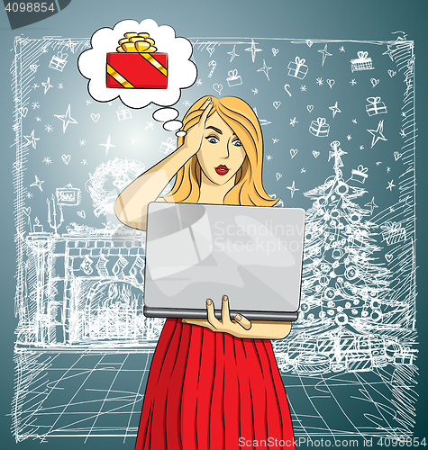 Image of Vector woman buy Christmas gifts online