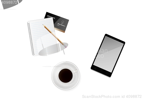 Image of cup of coffee with paper, pencil and phone