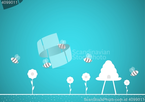 Image of bees and hive on blue background