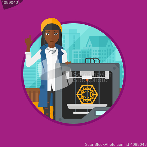 Image of Woman with three D printer vector illustration.