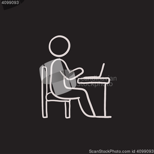 Image of Businessman working on laptop sketch icon.