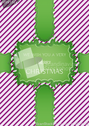 Image of christmas card with stripes and green ribbons