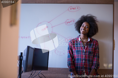 Image of African American woman writing on a chalkboard in a modern offic