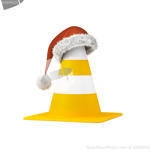 Image of traffic cone the a christmas hat