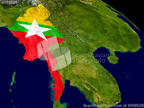 Image of Myanmar with flag on Earth