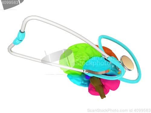 Image of stethoscope and brain. 3d illustration