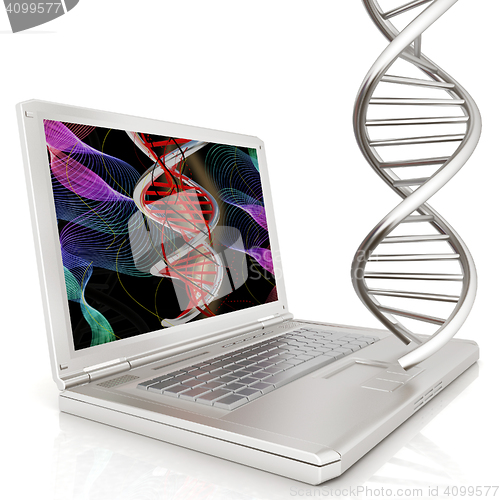 Image of Laptop with dna medical model background on laptop screen. 3d il