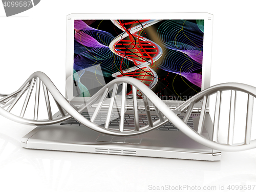 Image of Laptop with dna medical model background on laptop screen. 3d il