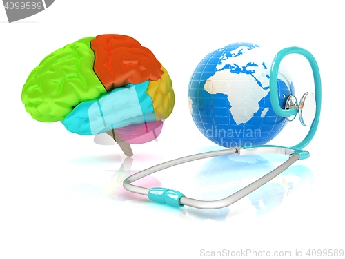 Image of stethoscope, globe, brain - global medical concept. 3d illustrat