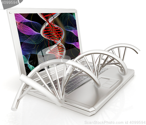 Image of Laptop with dna medical model background on laptop screen. 3d il