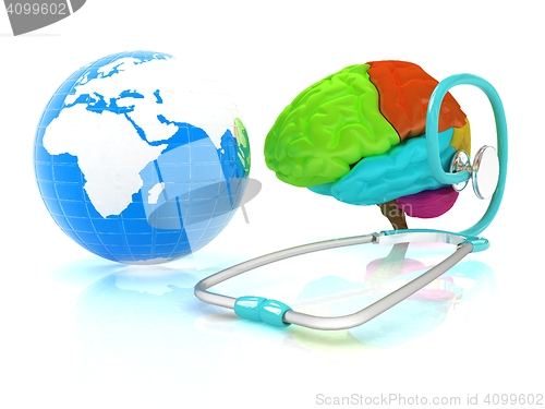 Image of stethoscope, globe, brain - global medical concept. 3d illustrat