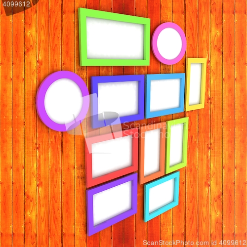 Image of Mock up picture frames on wood wall. 3d illustration