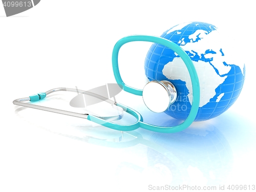 Image of stethoscope and globe.3d illustration