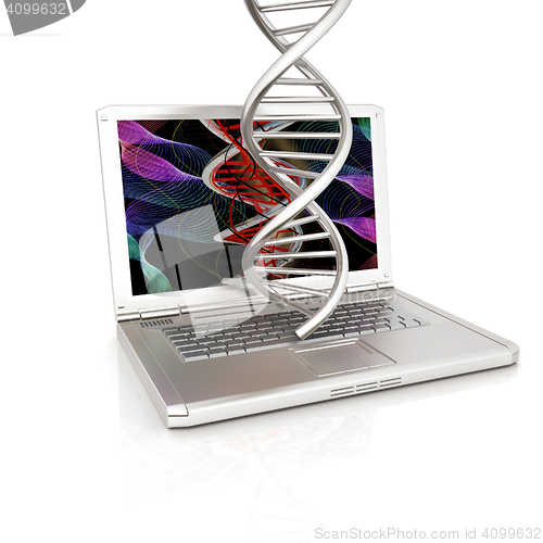 Image of Laptop with dna medical model background on laptop screen. 3d il