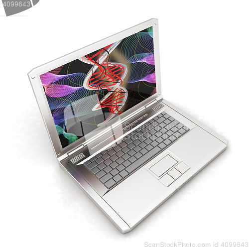 Image of Laptop with dna medical model background on laptop screen. 3d il