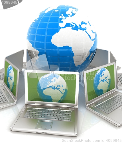 Image of internet, global network, computers around globe. 3d render