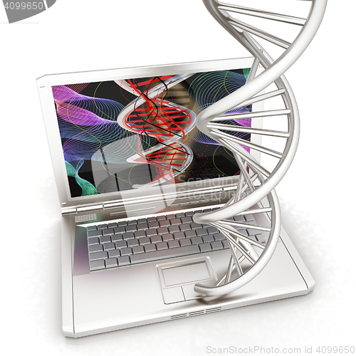 Image of Laptop with dna medical model background on laptop screen. 3d il